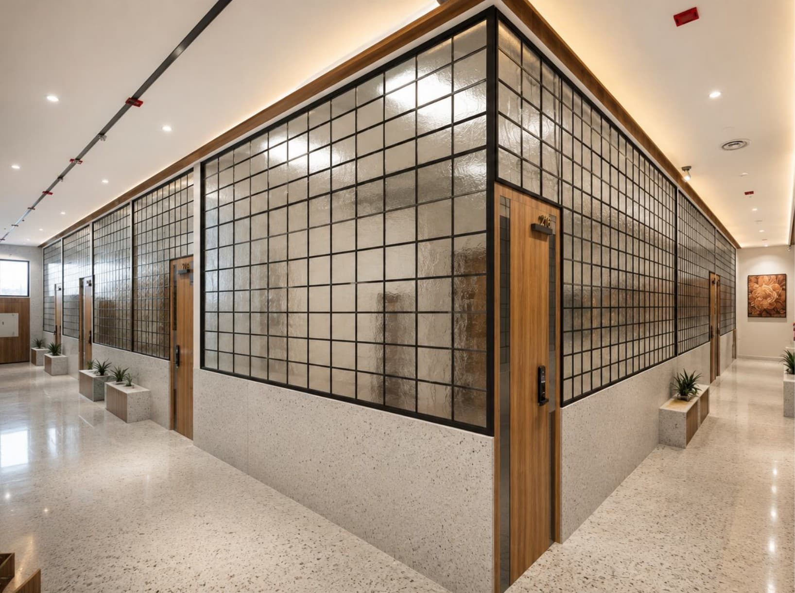 Corridor with glass and timber partitions