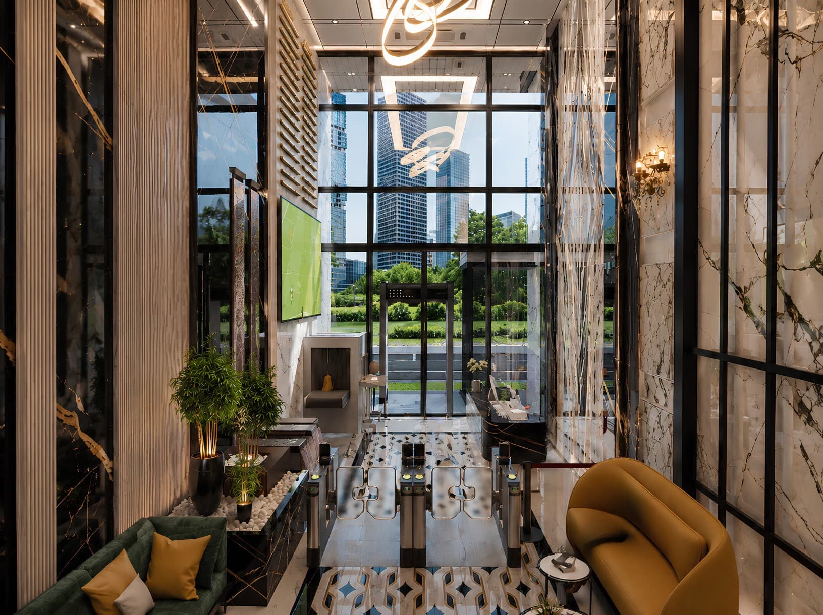 Marble lobby lounge with a chandelier and city view
